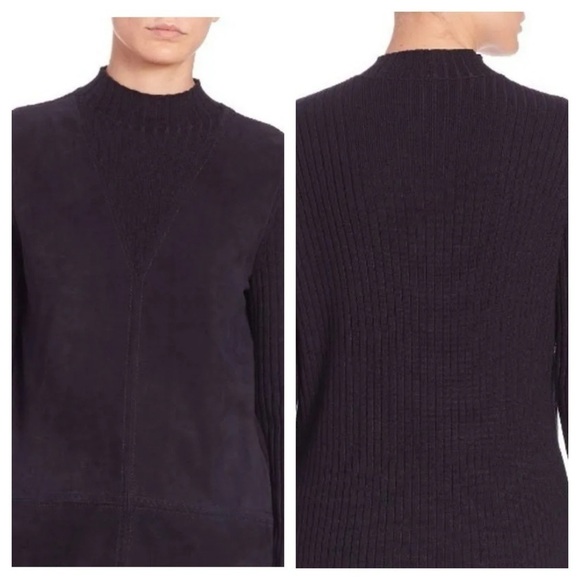 Tory Burch Navy Molly Leather Wool Ribbed Mockneck Sweater Size XS - Picture 4 of 12